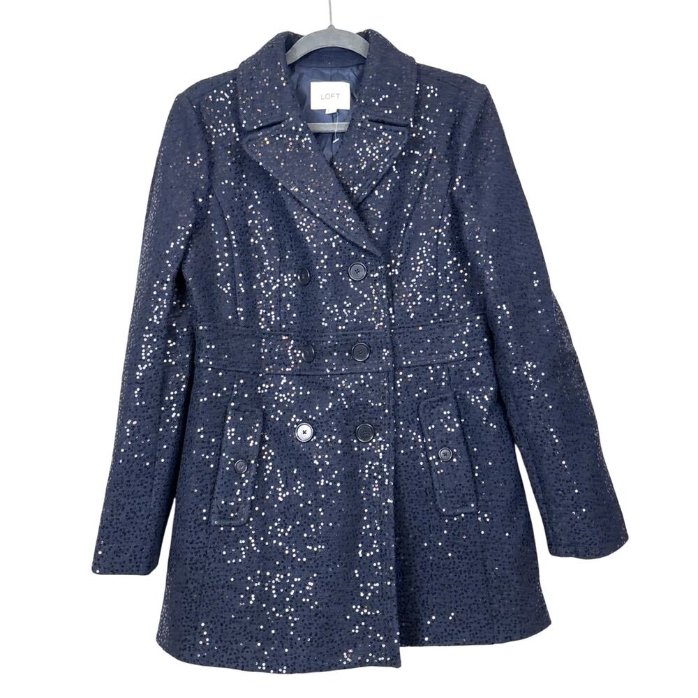 Ann Taylor LOFT Womens 6 Navy Blue Sequined Fitted Pea Coat Statement Piece NEW